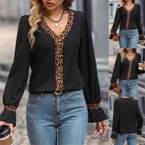 Fashion Contrast Color Leopard Printed V-neck Long Sleeve Shirt