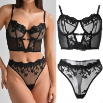 Fashion Floral Embroidered Semi-through Two-piece Lingerie Set