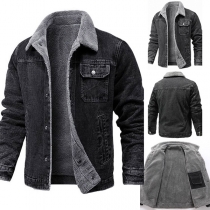 Fashion Old-washed Stand Collar Long Sleeve Plush Lined Denim Jacket for Men