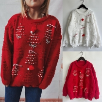 Chic Pom-pom Beaded Bowknot Round Neck Long Sleeve Sweater for Christmas