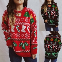 Chic Christmas Tree Socks Pattern Round Neck Long Sleeve Sweater for Christmas