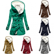 Casual Double-breasted Plush Lined Hooded Thin Jacket for Women
