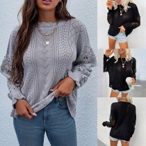 Casual Hollow Out Round Neck Long Sleeve Shirt