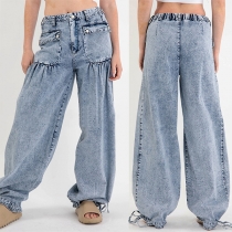 Street Fashion Old-washed Patch Pockets Elastic Waist Cinch Cuff Loose Denim Jeans