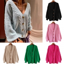 Casual Solid Color Buttoned V-neck Long Sleeve Knitted Cardigan