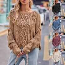 Fashion Cable Knitted Round Neck Batwing Sleeve Sweater