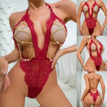 Sexy Cut Out Criss-cross Chain Backless Lace Lingerie Bodysuit