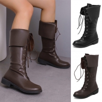 Street Fashion Solid Color Lace-up Foldable Boots