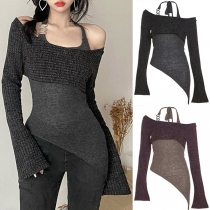 Sexy Long Sleeve Irregular Hemline Halter Neck Shirt