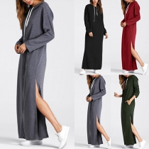Casual Solid Color Drawstring Hooded Long Sleeve Slit Maxi Dress