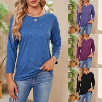 Casual Solid Color Round Neck Long Sleeve Shirt