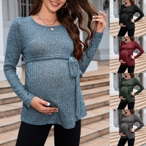 Fashion Solid Color Round Neck Long Sleeve Self-tie Maternity Shirt