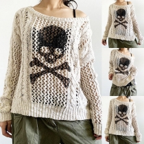 Street Fashion Skull Pattern Hollow Out Knitted Sweater
