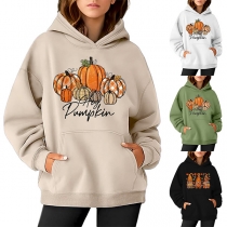 Casual Pumpkin Printed Hooded Long Sleeve Sweatshirt