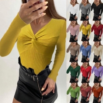 Fashion Solid Color Knoted Ribbed Shirt