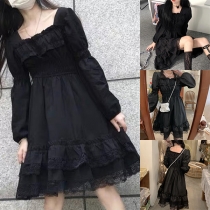 Fashion Lace Spliced Square Neck Long Sleeve Tiered Dress