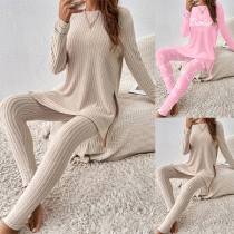 Casual Ribbed Two-piece Set Consist of Slit Shirt and Pants