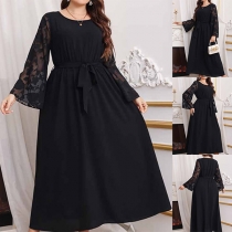 Fashion  Lace Spliced Long Sleeve Round Neck Self-tle Plus-size Dress
