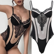 Sexy Lace Spliced Semi-through Lingerie Bodysuit
