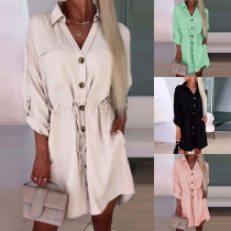 Casual Solid Color Stand Collar Buttoned V-neck Drawstring Long Sleeve-tab Shirt Dress
