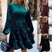 Elegant Solid Color Round Neck Long Sleeve Smocked Tiered Dress