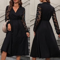 Elegant Solid Color Lace Spliced Long Sleeve V-neck High-rise Black Dress