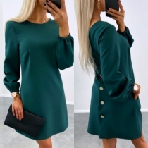 Simple Solid Color Round Neck Long Sleeve Back Button Black Dress
