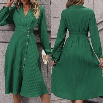 Elegant Solid Color Notch Lapel Long Sleeve Buttoned Dress