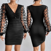 Fashion Butterfly Gauze Spliced Long Sleeve Ruched V-neck Bodycon Dress