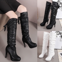 Fashion Back Lace-up High-heeled Artificial Leather PU Knight Boots for Women