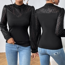 Fashion Lace Spliced Mock Neck Long Sleeve Shirt