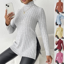 Fashion Solid Color Mock Neck Long Sleeve Slit Ribbed Shirt
