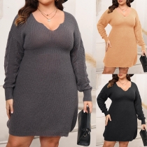 Fashion Solid Color V-neck Long Sleeve Knitted Plus-size Sweater Dress