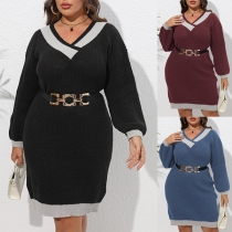 Fashion Contrast Color Long Sleeve Ribbed Bodycon Dress