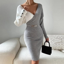 Sexy Contrast Color V-neck Long Sleeve Chain Bodycon Dress