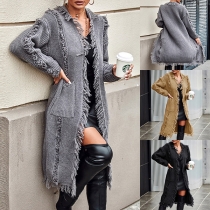 Street Fashion Solid Color Tassel Long Sleeve Knitted Cardigan