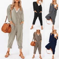 Fashion Solid Color Buttoned V-neck Long Sleeve Loose Jumpsuit