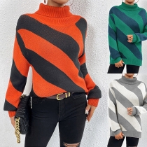 Street Fashion Contrast Color Slant Stripe Mock Neck Long Sleeve Sweater