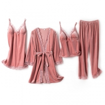 Comfy Lace Spliced Velvet Four-piece Pajamas Set