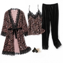 Comfy Leopard Print Lace Spliced Velvet Three-piece Pajamas Set