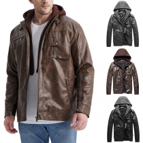 Motor Fashion Long Sleeve Chest Pockets Detachable Hooded Artificial Leather Jacket for Men