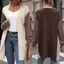 Fashion Contrast Color Long Sleeve Patch Pockets Knitted Cardigan