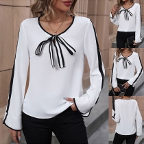 Fashion Contrast Color Stripe Self-tie Round Neck Long Sleeve Shirt
