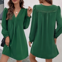 Fashion Solid Color Pleated V-neck Long Sleeve Mini Dress