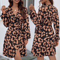 Fashion Printed V-neck Long Sleeve Self-tie Wrap Dress