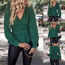 Fashion Solid Color V-neck Long Sleeve Cinch Waist Shirt