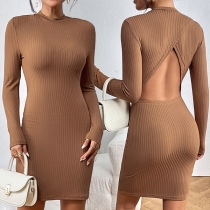Sexy Solid Color Mock Neck Long Sleeve Backless Bodycon Dress