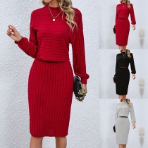 Fashion Solid Color Ribbed Two-piece Set Consist of Mock Neck Shirt and Pencil Skirt