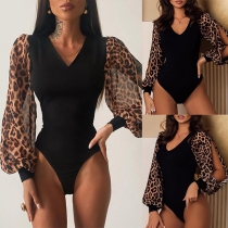Sexy Leopard Printed Slit Long Sleeve V-neck Bodysuit