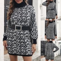 Fashion Floral Jacquard Turtleneck Long Sleeve Knitted Sweater Dress